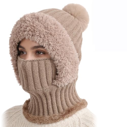 3 in 1 Beanie Hat for Women, Knitted Balaclava Hats,with Scarf and Mask,Face Mask Neck Scarf Set - color: Khaki
