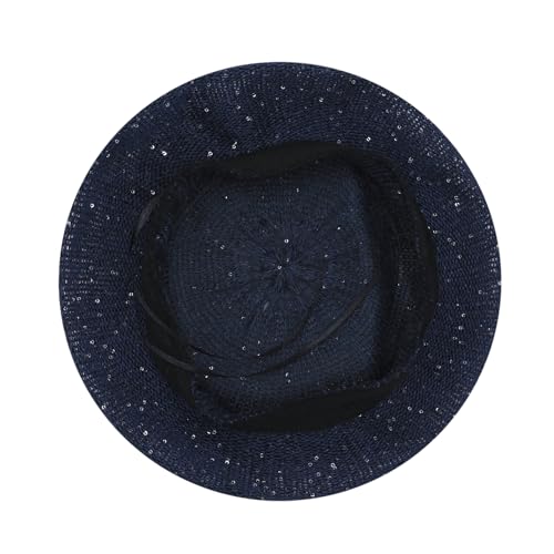Women Lightweight Beret Floral Hollow Out Hat Breathable French Beret Beanie Hat Cap for Spring Summer - color: Dk.blue 6#