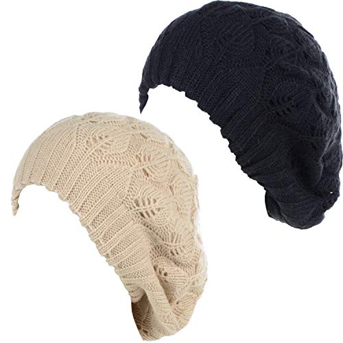 BYOS Women Mid-Weight Slouchy Leafy Cutout Crochet Soft Knit French Beret Hat - color: 2-pack-beige & Bk