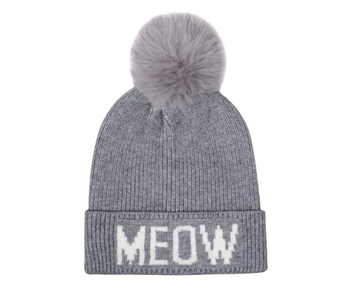 Cat Mom Cat Dad Beanie Collection – Jacquard Pom Pom Hats & Double-Layer Embroidered Beanies for Pet Lovers - color: Gray Hat Gray Meow
