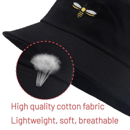 Cotton Bucket Hat for Women Men Summer Travel Sun Beach Bucket Cap, Unisex Outdoor Fisherman Hat - color: Bee
