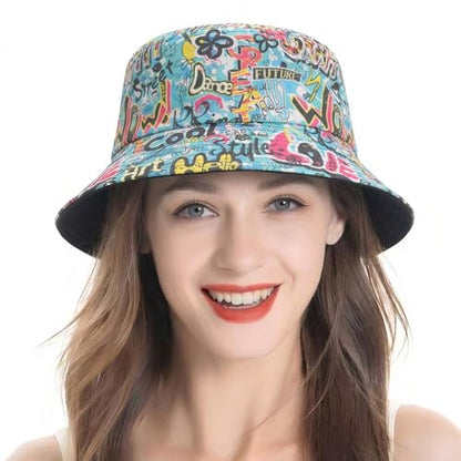 ZLYC Printed Bucket Hat for Women Men Packable Summer Sun Hat for Beach - color: Street Art Blue