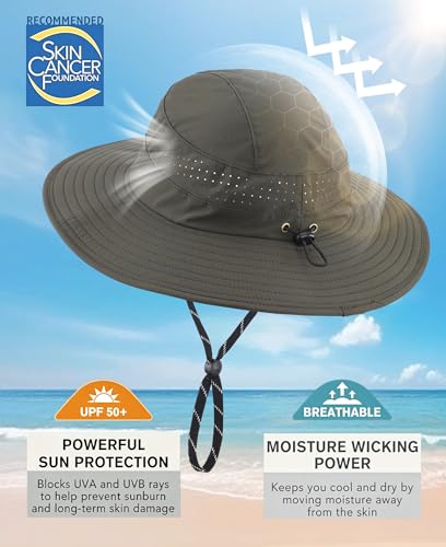 Connectyle UPF 50+ Wide Brim Sun Hat for Men Women UV Protection Bucket Hats Outdoor Breathable Safari Hat for Fishing Hiking - color: Army Green