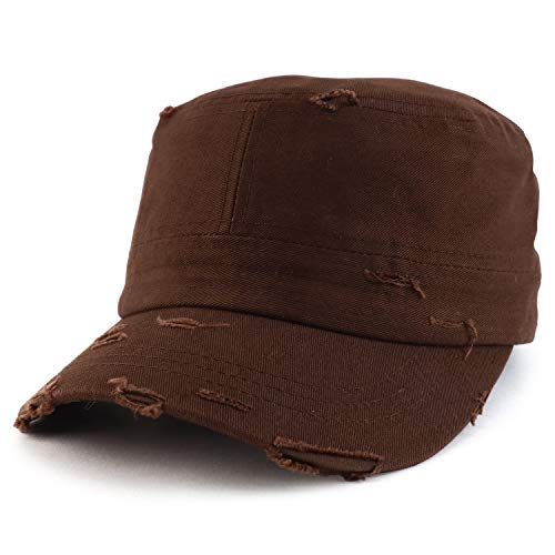 Armycrew Military Cadet Style Flat Top Distressed Vintage Cap - color: Dk Brown