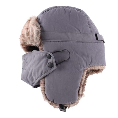 Home Prefer Mens Warm Faux Fur Trooper Trapper Hat Outdoor Reflective Winter Hunting Hat with Ear Flaps Face Mask - color: Grey