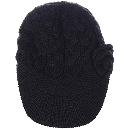 BYOS Womens Winter Chic Cable Warm Fleece Lined Crochet Knit Hat W/Visor Newsboy Cabbie Cap - color: Cable W/ Flower Black