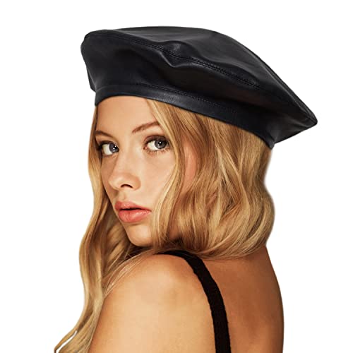 Wheebo PU Leather Berets for Women French Beret Hats Artist Painter Hat Classic Solid Style - color: Black