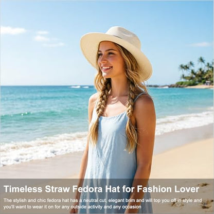 DRESHOW Women Straw Panama Hat Travel Fedora Beach Sun Hat Summer Wide Brim Straw Roll up Hat UPF 50+ - color: Z Panama Straw Hat: : Ivory White a