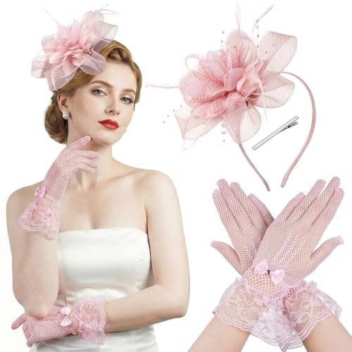 Fascinators Hats with Lace Gloves for Women Headband for Tea Party Wedding - color: Pink