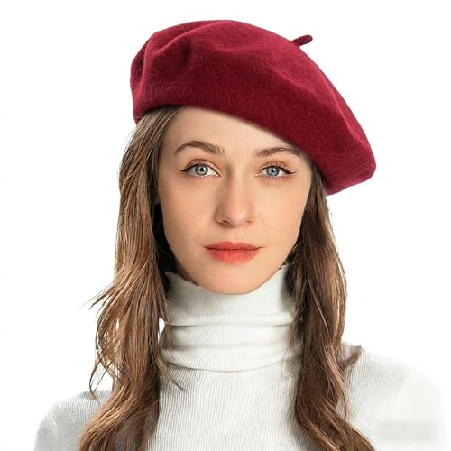 ZLYC Wool French Beret Hat Solid Color Classic Artist Cap for Women - color: Garnet