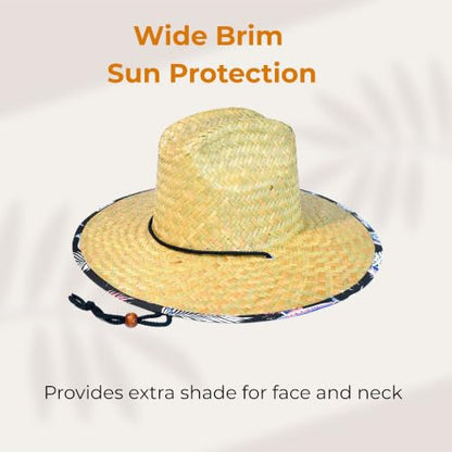 6 Pack Straw Hats – Bulk Wide Brim Lifeguard Sun Hats for Men & Women with Adjustable Chin Strap - color: Natural Straw With Black Fish Pattern Lining