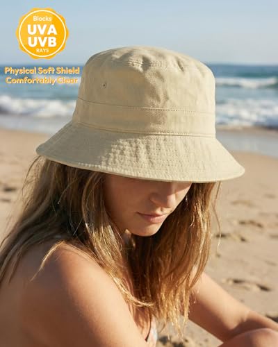 HONGTEYA Bucket Sun Hats for Woman Men Cotton Summer Beach Hat Golf Fishing - color: Light Sand, size: Medium