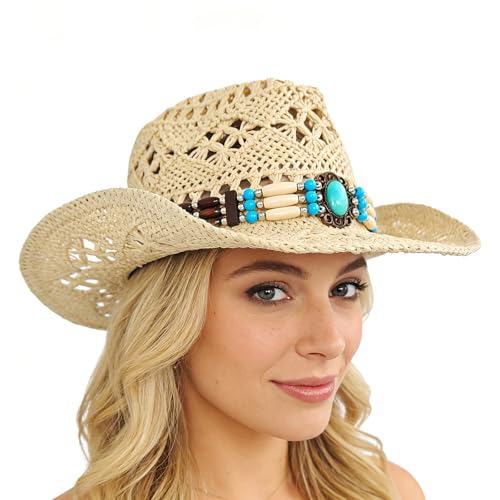 Straw Cowboy Hat for Women, Cowgirl Hat Wide Brim Western Cowboy Hat - color: Style5