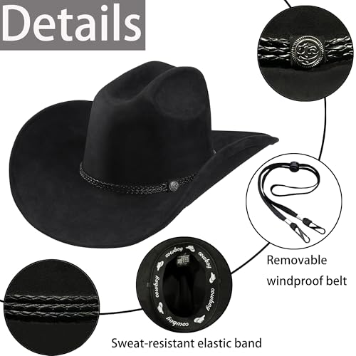 Western Cowboy Hat for Men Women,Shapeable Wide Brim Felt Fedora Classic Cowgirl Hats for Cowboys and Cowgirls,with bolo tie - color: Black-c, size: Large-X-Large