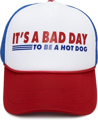 Funky Junque Premium Mesh Snapback Trucker Hat - Stylish Comfort for All - Patriotic, Humor & More - color: It's a Bad Day to Be a Hot Dog - Red/White/Blue