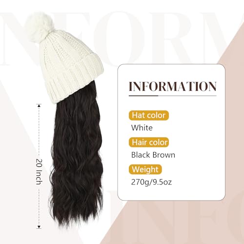 Flufymooz Beanie Wig Hat With Hair Extension - 20 Inch Long Wavy Curly White Synthetic Hairpiece With Faux Fur Pom for Women Girls Winter (Black Brown) - color: White Hat-black Brown, size: 20 Inch