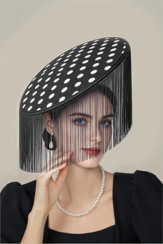 Coucoland Polka Dot Fascinators Hats for Women Flat Derby Hat with Tassels - color: Black