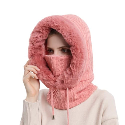 Womens Winter Hats, Warm Hooded Scarf Hat for Women, Fleece Beanie Hat with Drawstring, Balaclava Knit Skull Cap - color: Blush