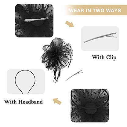 Zando Kentucky Fascinators Hats for Women Derby Tea Party Hat Flower Mesh Feathers Headband Headwear Hair Clip Girls - color: Black