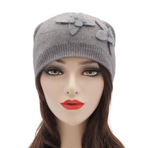 ZLYC Women Floral Slouchy Beanie Hat Double Layer Winter Knit Skull Cap - color: Dual Flowers Gray