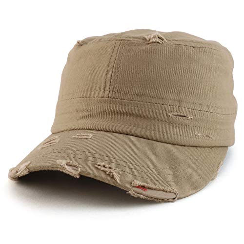Armycrew Military Cadet Style Flat Top Distressed Vintage Cap - color: Khaki