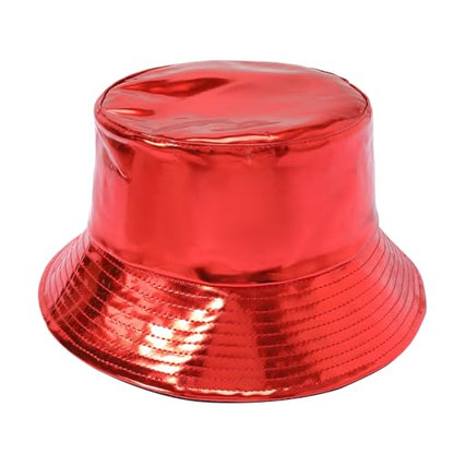 MILAKOO Rave Hologram Metallic Bucket Hat Reversible Cap Reflective Waterproof Rain Fisherman Hat - color: G: Red