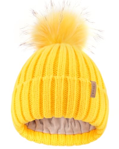 FURTALK Kids Winter Hat Toddler Knitted Beanie Faux Fur Pom - color: Yellow, size: 2-8 Years