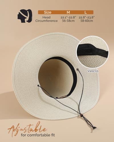 Womens Floppy Straw Sun Hat Wide Brim UPF 50 Sun Protection Packable Summer Beach Hats with Wind Lanyard - color: Beige, size: Medium