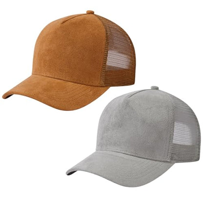 Suede Curved Brim Trucker Cap Adjustable Snapback Hat Mesh Back Breathable for Men Women 2 Pack SH03 - color: Pack of 2, Brown & Light Grey