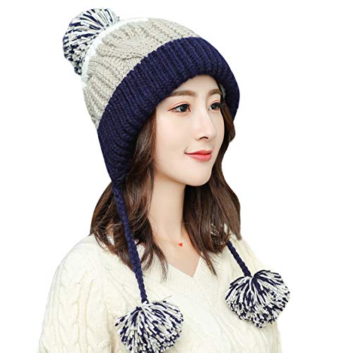 HUAMULAN Women Winter Sherpa Knit Beanie Hat Fleece Lined Ear Flaps - color: M8375-zangqing