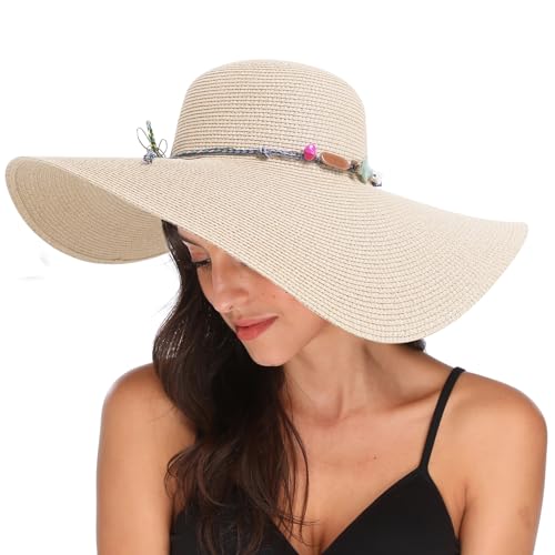 Lanzom Womens Wide Brim Straw Hat Big Floppy Foldable Roll up Cap Beach Sun Hat UPF 50+ - color: Rainbow Bead-beige