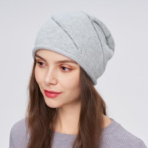 Women's Knitted Angora Wool Hat for Autumn and Winter Warm and Stylish with Rolled Brim and Slanted Rhinestones Cap - color: New-silver