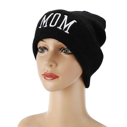 Letter Embroidered Beanie Hat Thanksgiving Gift Cuffed Skull Cap Knit Winter Warm Watch Hats for Women, Men - color: Mom Embroidered Black Hat