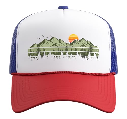 Trees Landscape Mountains Vintage Forest Trucker Hat with Adjustable Mesh Back - color: Red/White/Royal Blue