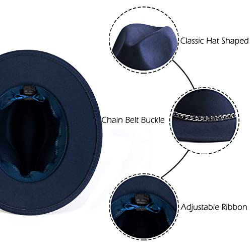 Women Men Wide Brim Fedoran Hat with Chain Belt Buckle - color: Navy Blue