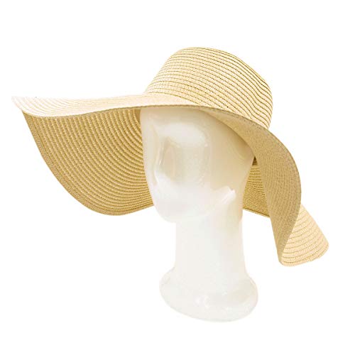 Womens 5.75" Wide Brim Foldable UPF50 Floppy Summer Straw Hat Sun Beach Hat - color: Natural