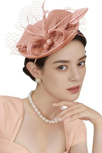 BABEYOND Fascinators Hats for Women Tea Party Pillbox Sinamay Derby Hat - color: Nude Pink