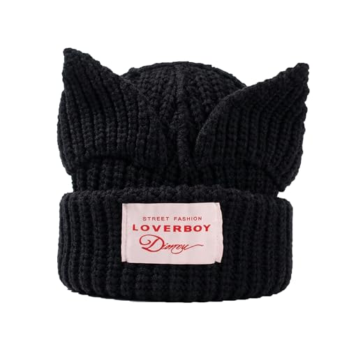 Cat Ear Beanie Y2K Cute Knit Hat with Ears Warm Crochet Hat Skull Cap for Women Men - color: Black