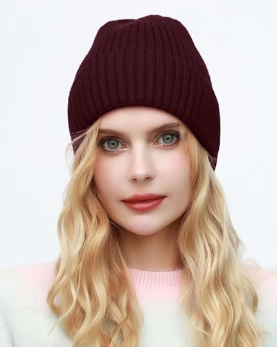 ROYBENS Womens Satin Lined Beanie for Men Wool Knit Cuffed Warm Winter Hats - color: 1pcs-wine Red