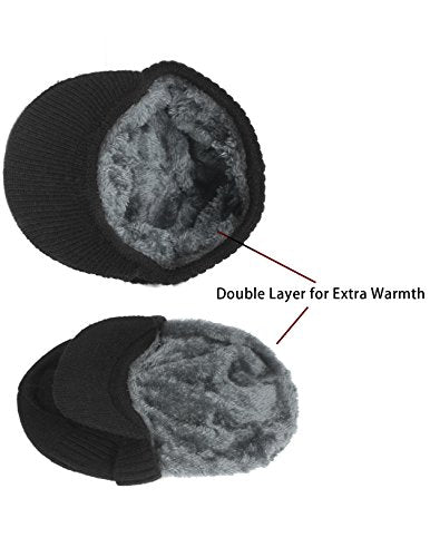 Dahlia Men's Beanie with Visor - Wool, Winter Hat w/Brim, Fleece Lined - color: Ribbed: Black