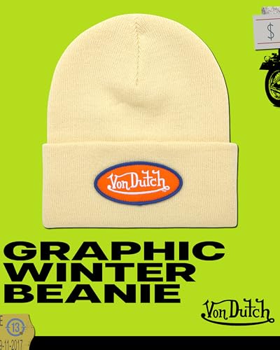 Von Dutch Unisex Cuffed Knit Skull Cap Beanie, Embroidered Logo - color: Canvas