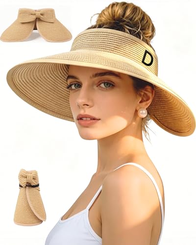 Beach Straw Sun Hat for Women, Wide Brim UV Protection Visors Hat with Ponytail Opening, Foldable Summer Travel Hat - color: Khaki - Initial D