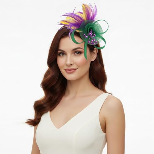 DRESHOW Fascinators Hats for Women Tulle Feather Tea Party Fascinator Hats - color: Green & Yellow & Purple
