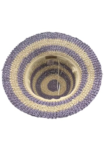 Woven Straw Hat for Women Foldable Summer Beach Hat Wide Brim Floppy Bucket Hat - color: Purple/Beige