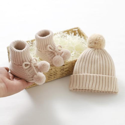 Baby Hats and Booties Set Newborn Knit Pompom Beanie Caps Shoes Winter - color: Beige