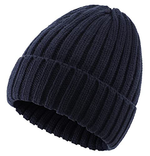 Connectyle Women's Rib Knit Cuffed Beanie Hat Stretch Acrylic Winter Hat Thick Warm Snow Ski Cap - color: Navy Blue