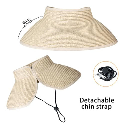 Women's Sun Visor Hats Wide Brim Straw Beach Hat Ponytail Hats for Women Foldable Floppy - color: 1pack-no Bow-beige2