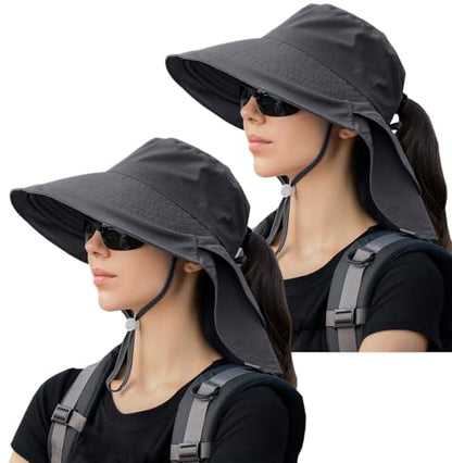 Womens Sun Hat UPF 50+ Wide Brim and Ponytail Hole, Hiking Safari Hat with Neck Flap… - color: Dark Grey+dark Grey