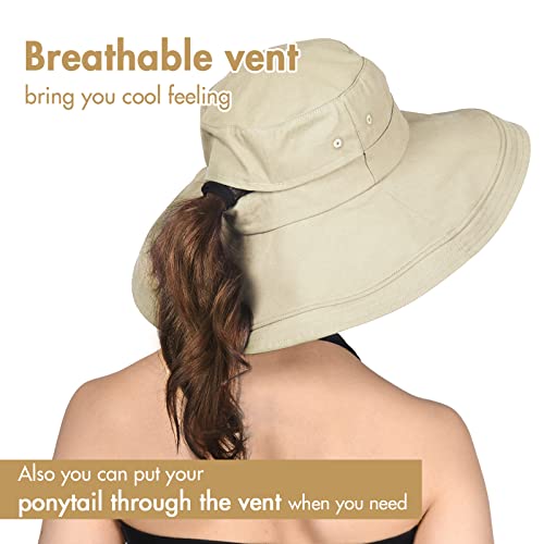 Hatiis Womens Sun Hat with Ponytail Hole Cotton Shapeable Wide Brim - color: 02light Khaki