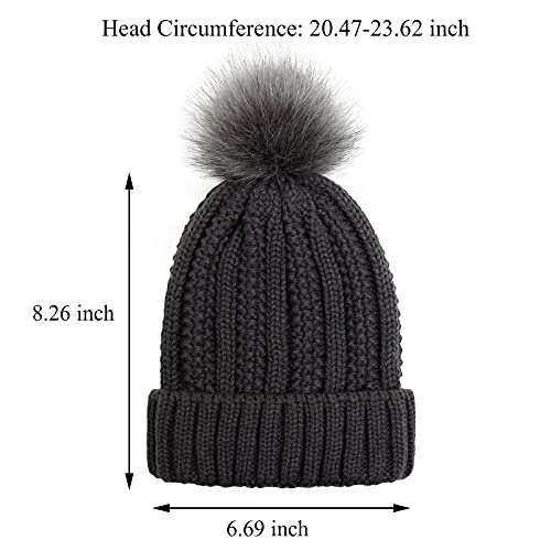 Muryobao Womens Satin Lined Beanie Hat with Faux Fur Pom Cuffed Winter Warm Knit Skull Cap - color: Dark Grey